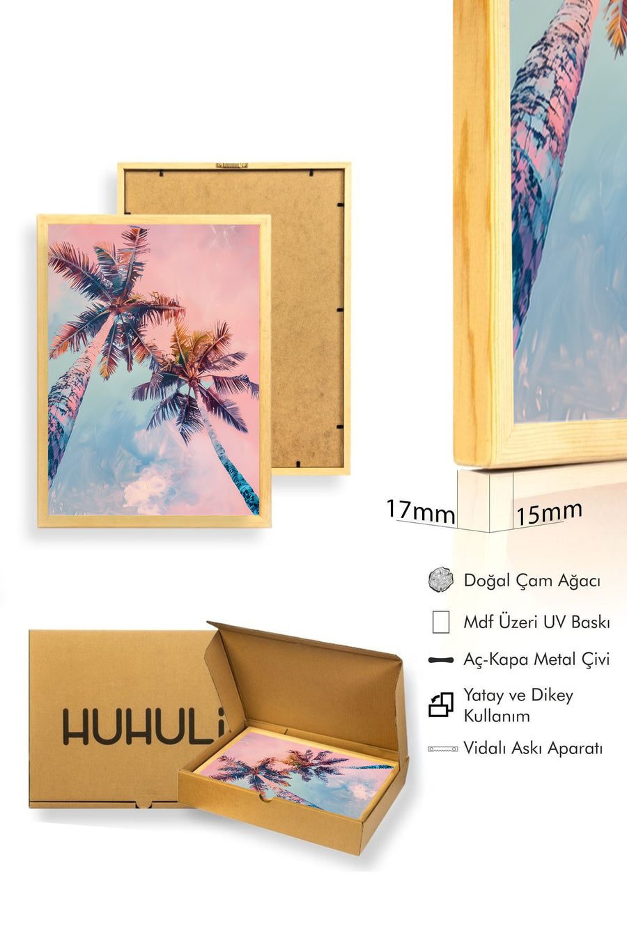 Doğal Ahşap Çerçeveli Tropikal Yaprak Desenli Tablo - Pastel Tonlar | huhu1867
