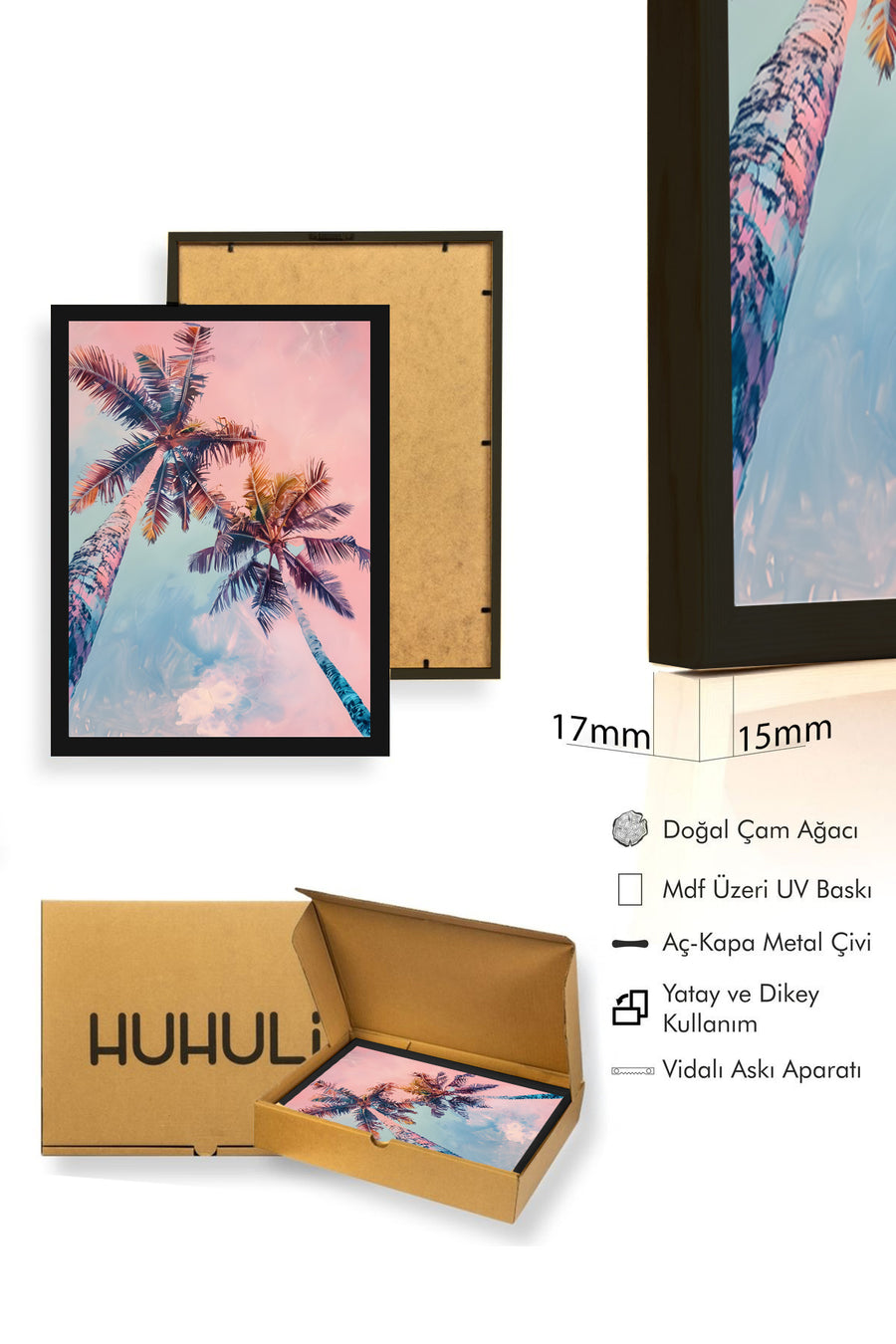 Doğal Ahşap Çerçeveli Tropikal Yaprak Desenli Tablo - Pastel Tonlar | huhu1867