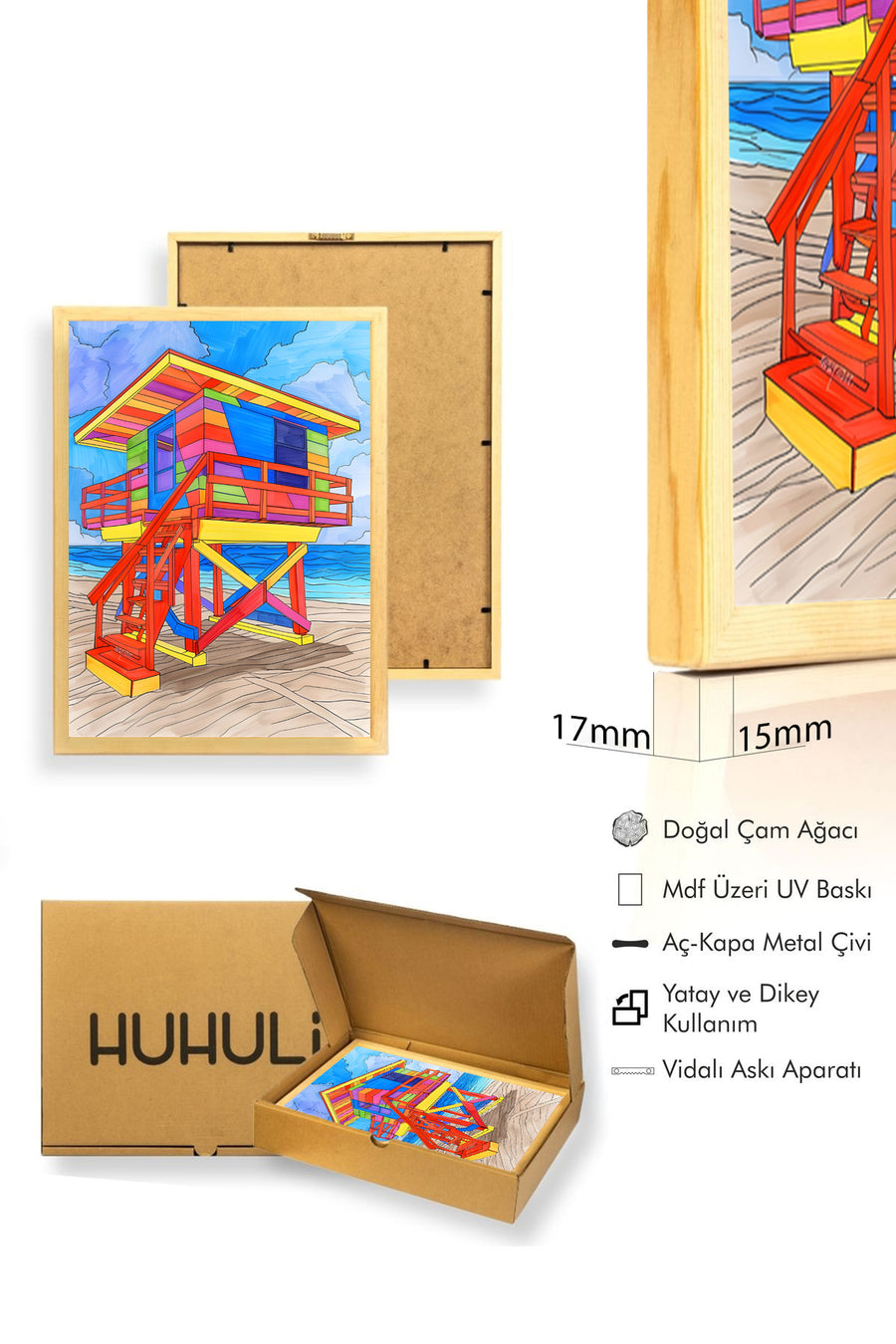 Doğal Ahşap Çerçeveli Canlı Renkli Geometrik Tablo - Pop Art | huhu1870