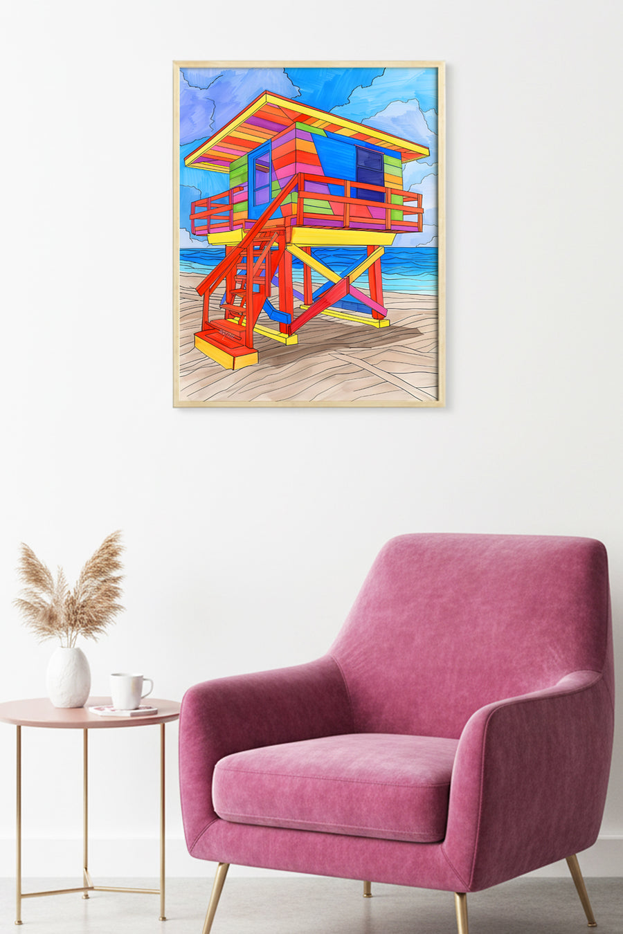 Doğal Ahşap Çerçeveli Canlı Renkli Geometrik Tablo - Pop Art | huhu1870