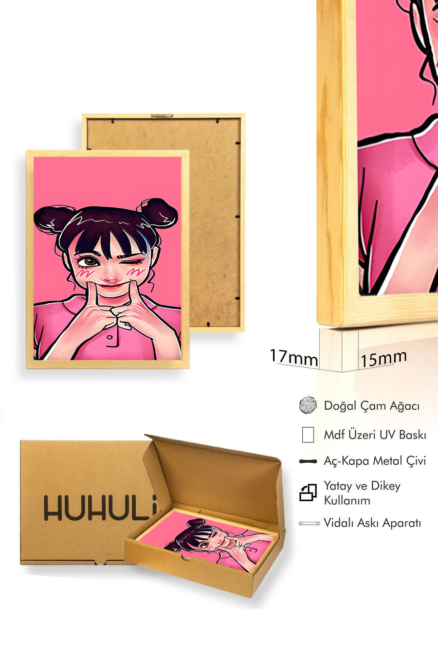 Doğal Ahşap Çerçeveli Portre Desenli Tablo - Pembe Tonlar | huhu1871