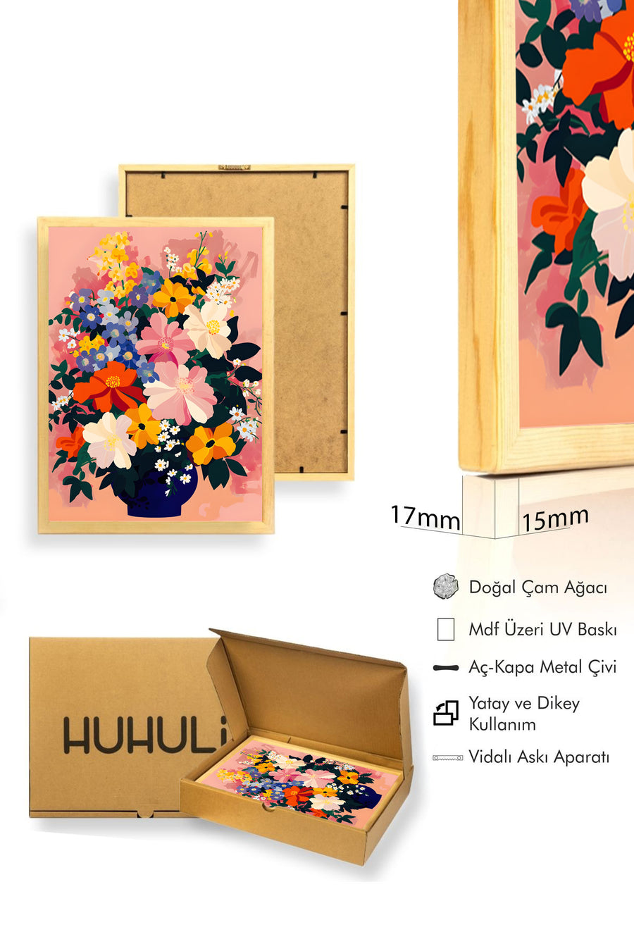 Doğal Ahşap Çerçeveli Canlı Çiçek Desenli Tablo - Turuncu-Mavi | huhu1875
