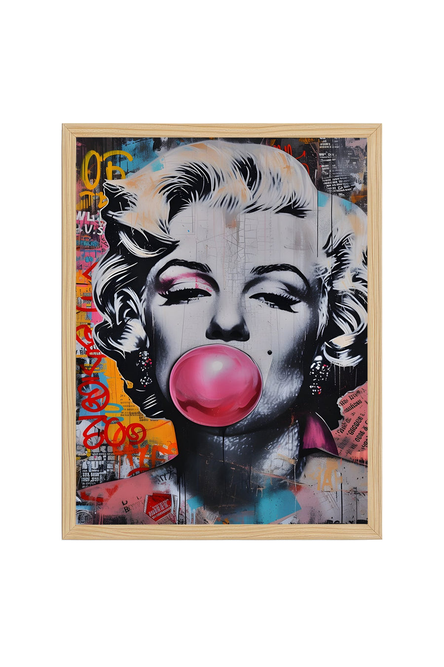 Doğal Ahşap Çerçeveli Grafik Desenli Tablo - Siyah Beyaz Pop Art | huhu1880
