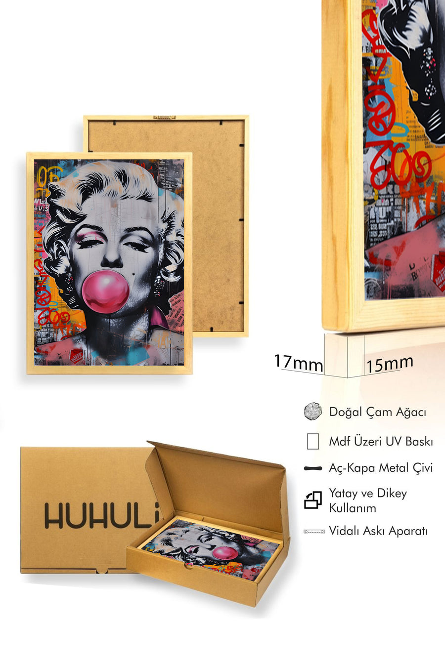 Doğal Ahşap Çerçeveli Grafik Desenli Tablo - Siyah Beyaz Pop Art | huhu1880