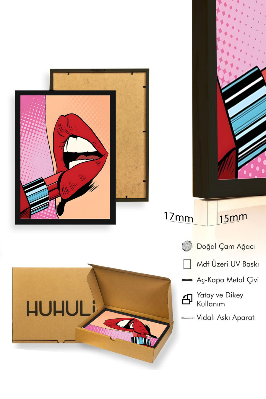 Doğal Ahşap Çerçeveli Pop Art Desenli Tablo - Kırmızı Dudak | huhu1881
