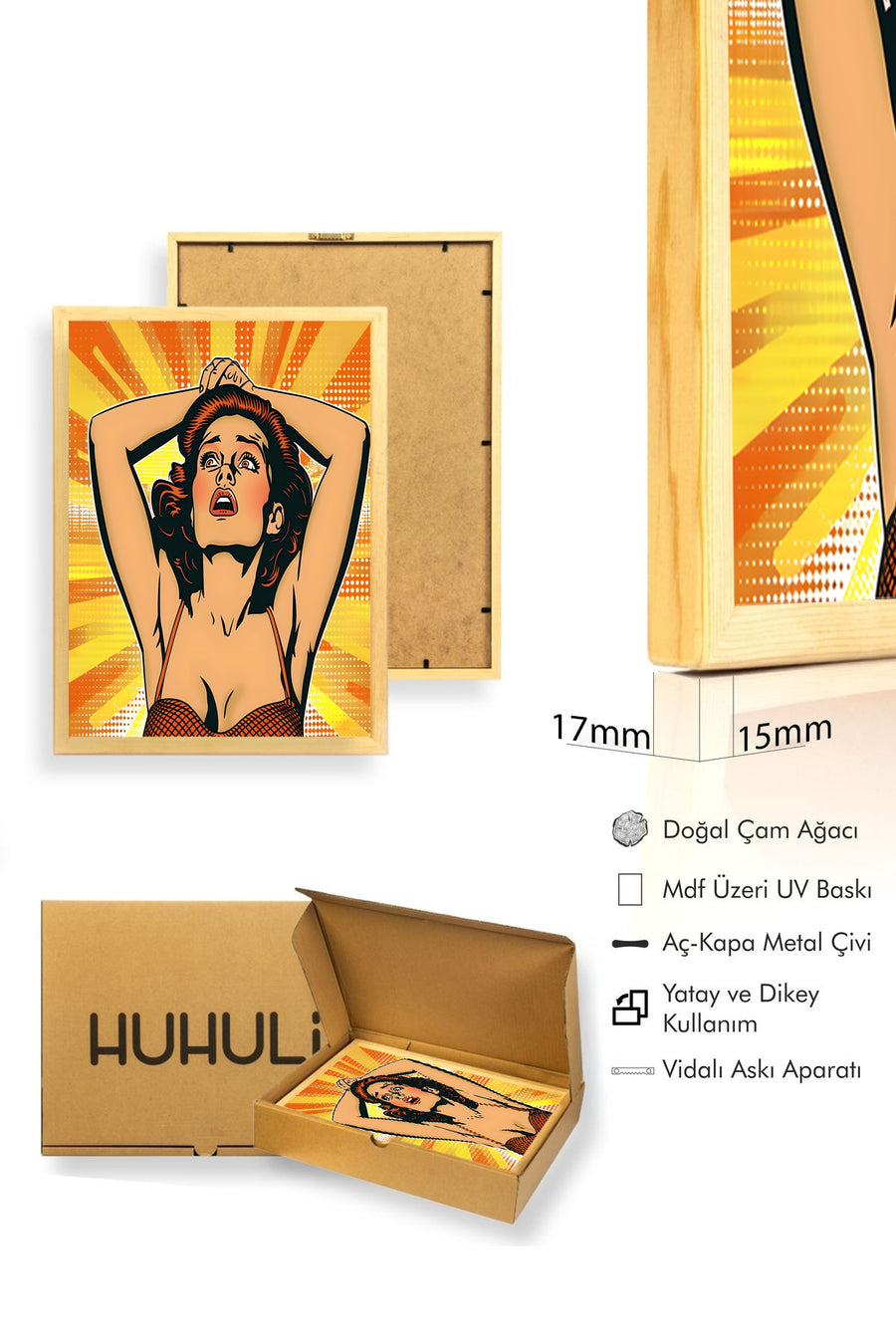 Doğal Ahşap Çerçeveli Pop Art Portre Tablo - Canlı Tonlar | huhu1882