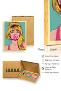 Doğal Ahşap Çerçeveli Pop Art Desenli Tablo - Retro Kadın Portresi | huhu1885