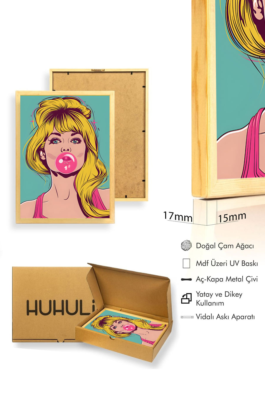 Doğal Ahşap Çerçeveli Pop Art Desenli Tablo - Retro Kadın Portresi | huhu1885