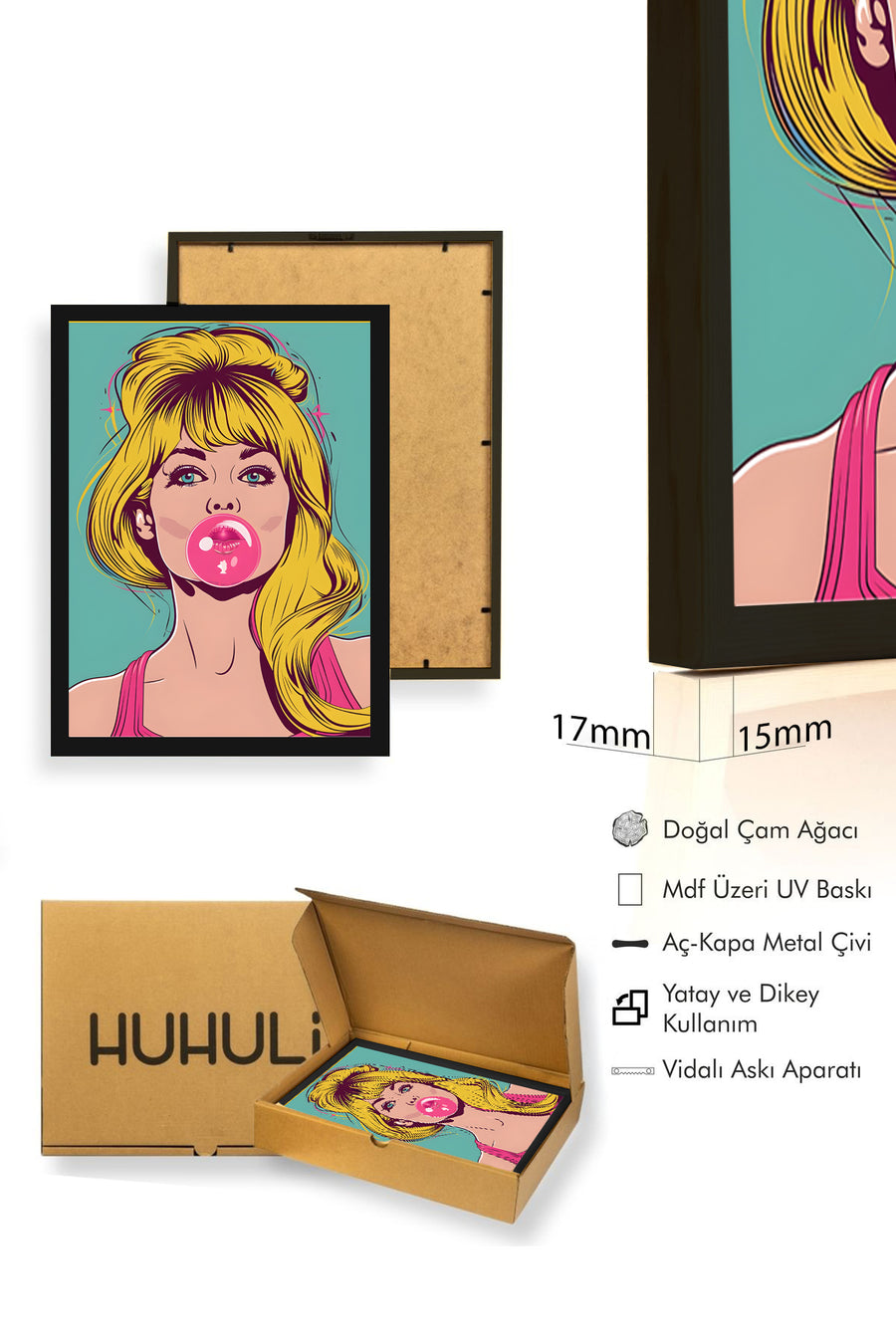Doğal Ahşap Çerçeveli Pop Art Desenli Tablo - Retro Kadın Portresi | huhu1885