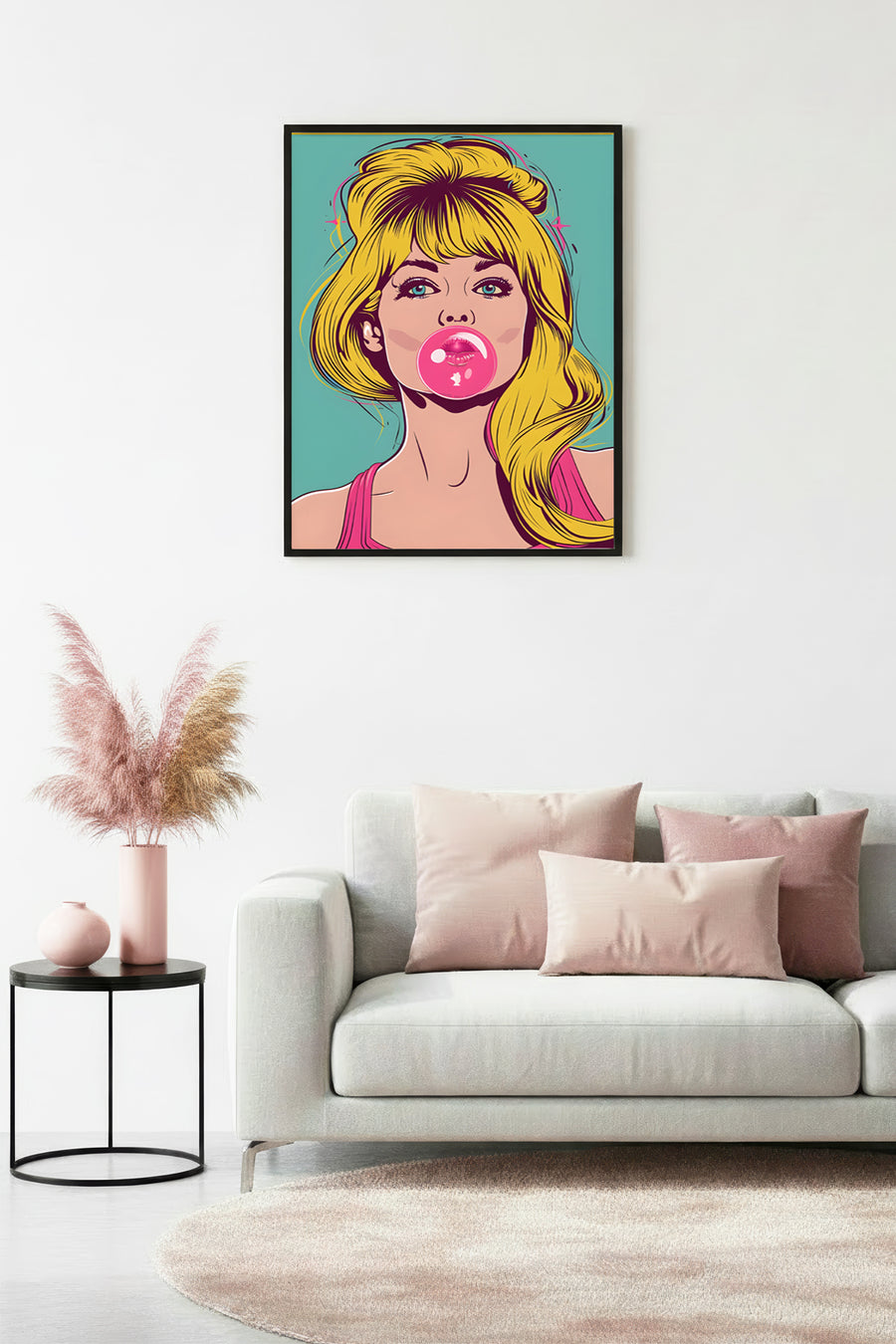 Doğal Ahşap Çerçeveli Pop Art Desenli Tablo - Retro Kadın Portresi | huhu1885