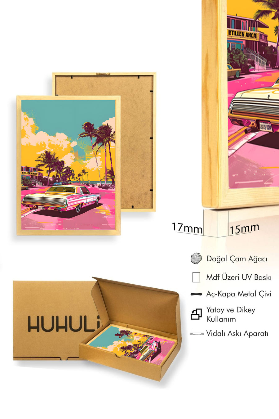 Doğal Ahşap Çerçeveli Retro Otomobil Tablo - Pop Art | huhu1886