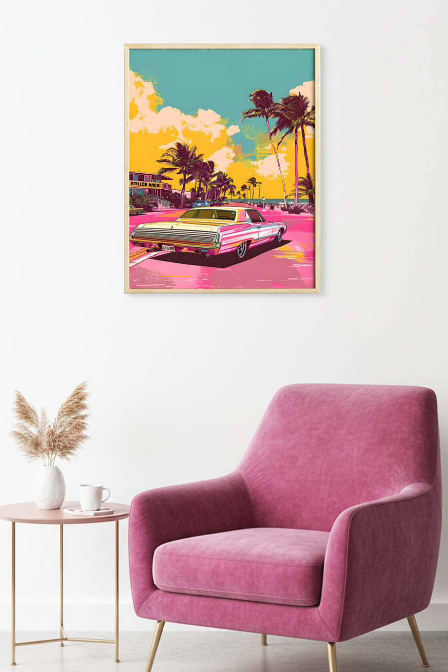 Doğal Ahşap Çerçeveli Retro Otomobil Tablo - Pop Art | huhu1886