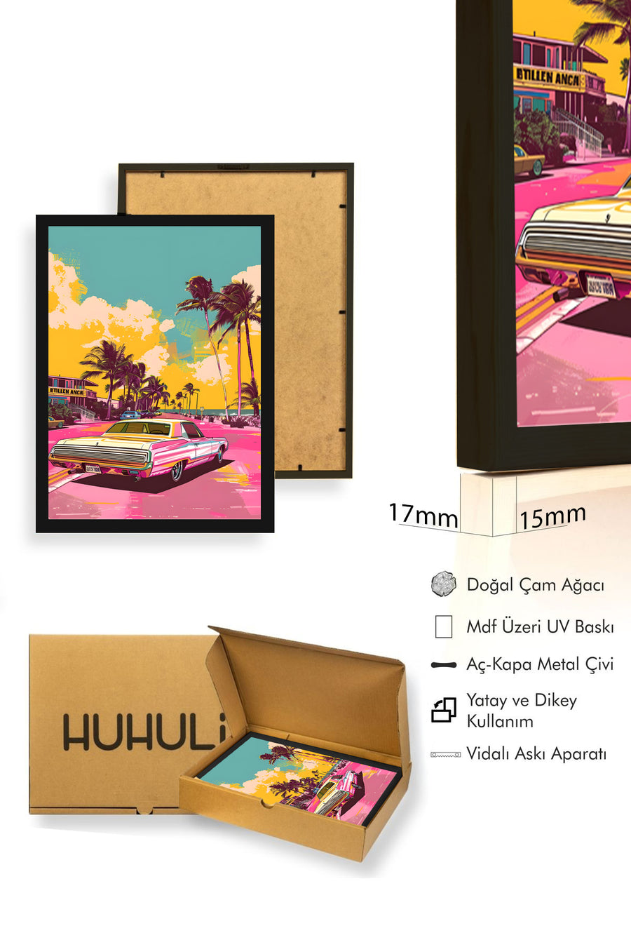 Doğal Ahşap Çerçeveli Retro Otomobil Tablo - Pop Art | huhu1886