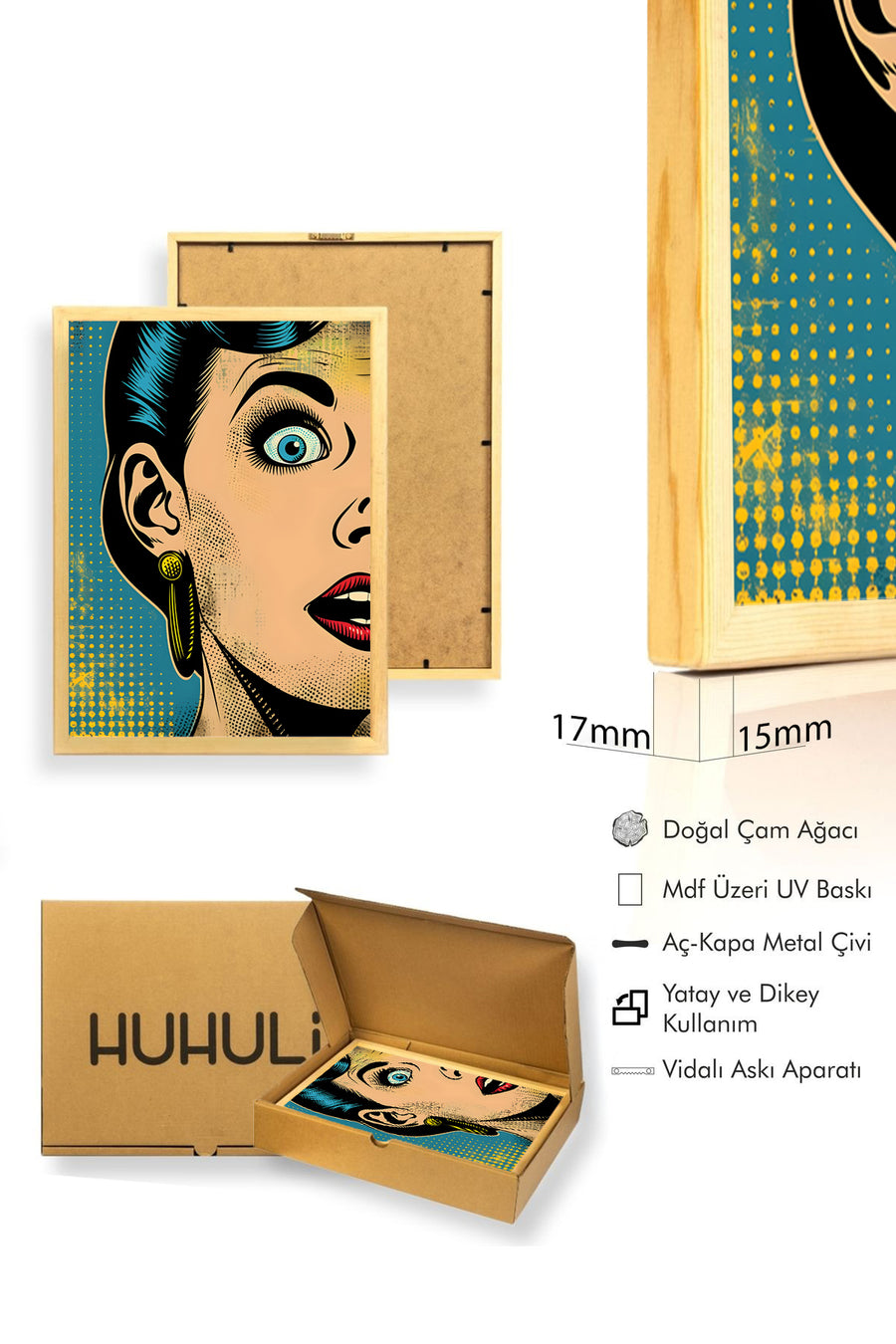 Doğal Ahşap Çerçeveli Pop Art Portre Tablo - Retro Mavi-Sarı | huhu1887