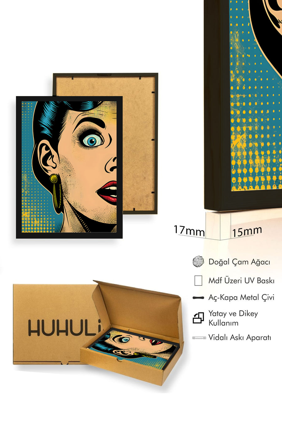 Doğal Ahşap Çerçeveli Pop Art Portre Tablo - Retro Mavi-Sarı | huhu1887