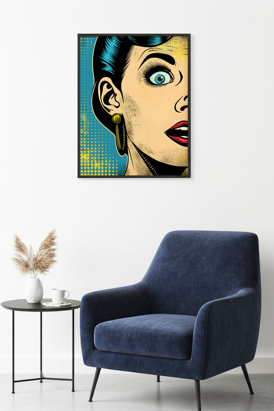 Doğal Ahşap Çerçeveli Pop Art Portre Tablo - Retro Mavi-Sarı | huhu1887