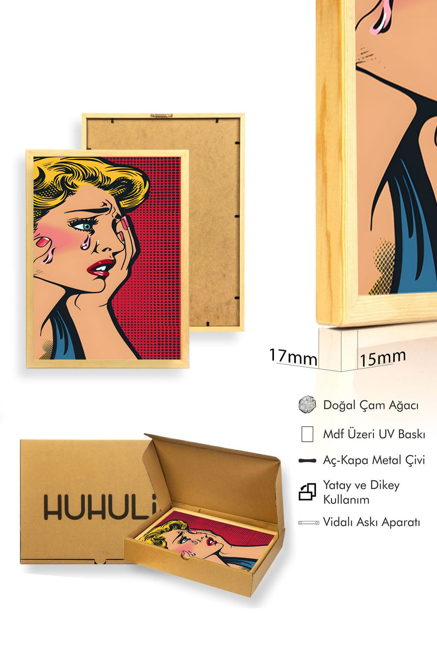 Doğal Ahşap Çerçeveli Pop Art Portre Tablo - Kırmızı Tonlar | huhu1888
