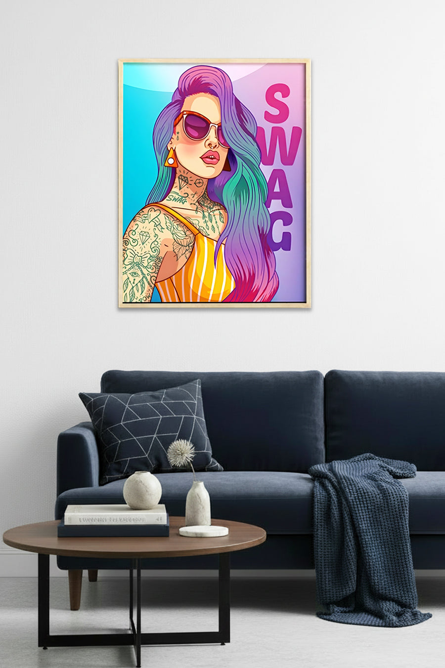 Doğal Ahşap Çerçeveli Pop Art Desenli Tablo - Canlı Renkler | huhu1913