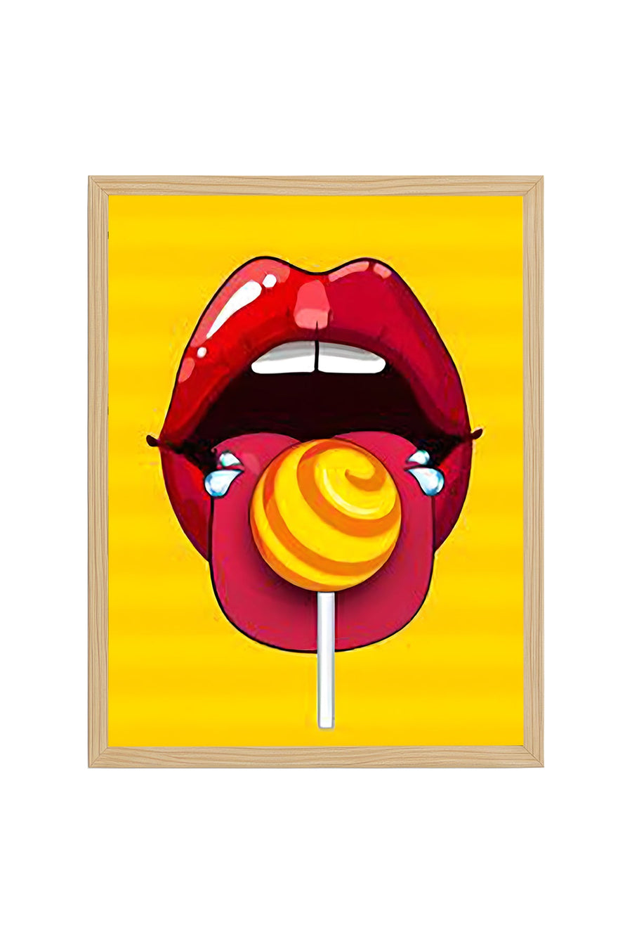 Doğal Ahşap Çerçeveli Pop Art Dudak Desenli Tablo - Kırmızı Sarı | huhu1914