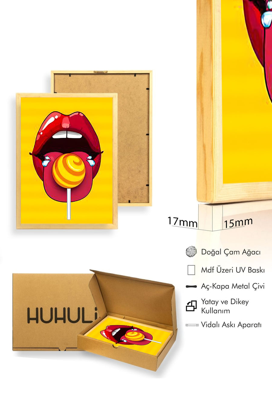 Doğal Ahşap Çerçeveli Pop Art Dudak Desenli Tablo - Kırmızı Sarı | huhu1914
