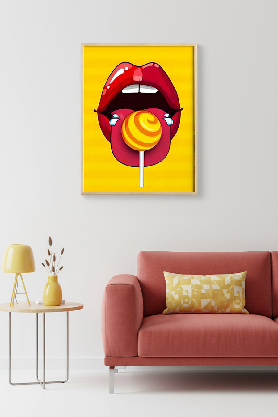 Doğal Ahşap Çerçeveli Pop Art Dudak Desenli Tablo - Kırmızı Sarı | huhu1914