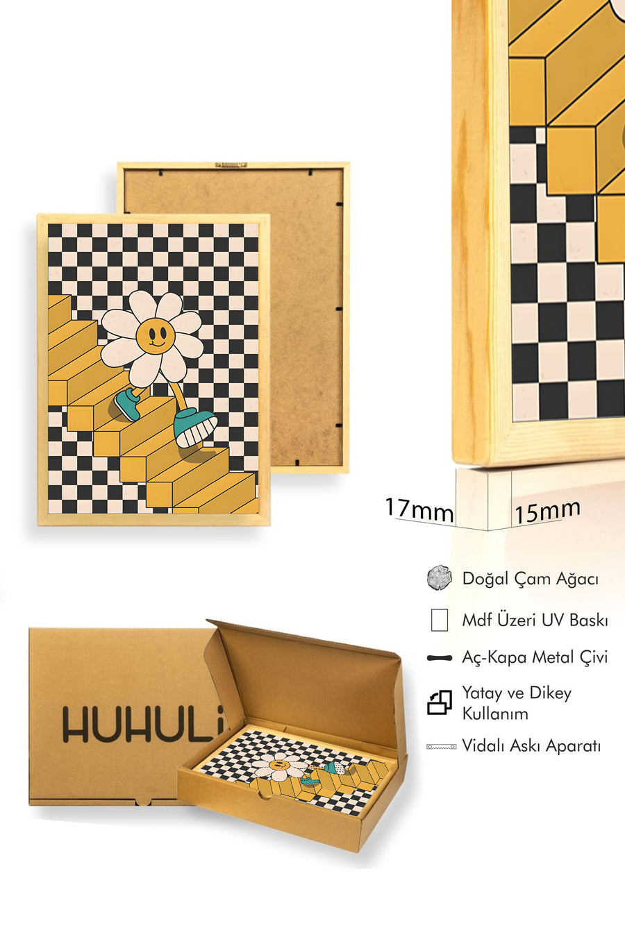 Doğal Ahşap Çerçeveli Retro Çizim Çiçek Desenli Tablo - Sarı Tonlar | huhu1916