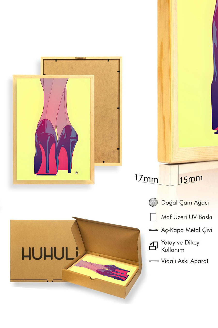 Doğal Ahşap Çerçeveli Stiletto Desenli Tablo - Mor Pembe Moda | huhu1918