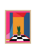 Doğal Ahşap Çerçeveli Geometrik Desenli Tablo - Retro | Pembe-Turuncu | huhu1919
