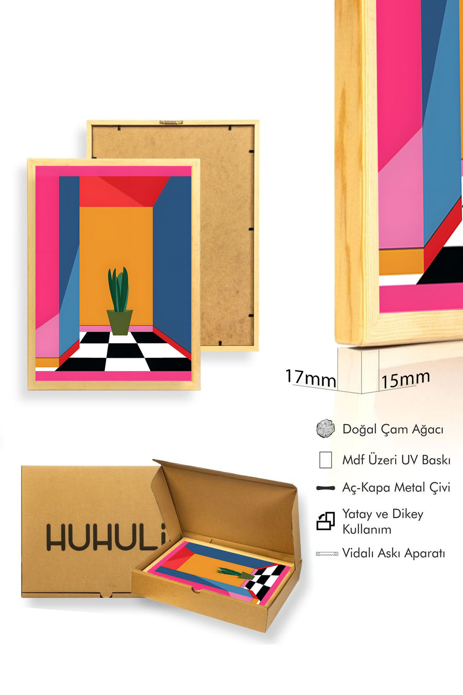 Doğal Ahşap Çerçeveli Geometrik Desenli Tablo - Retro | Pembe-Turuncu | huhu1919