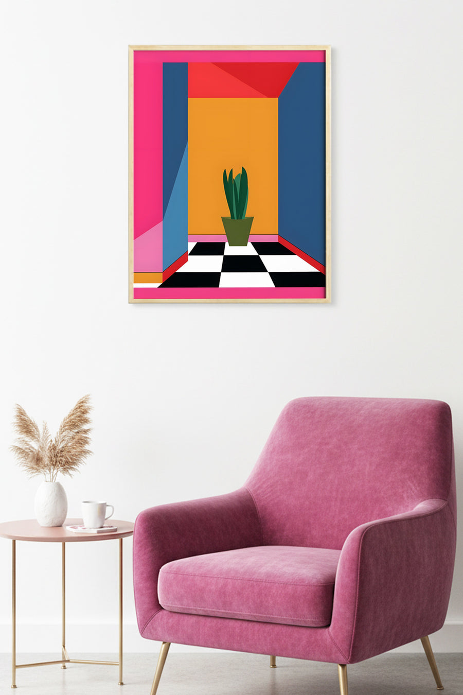 Doğal Ahşap Çerçeveli Geometrik Desenli Tablo - Retro | Pembe-Turuncu | huhu1919