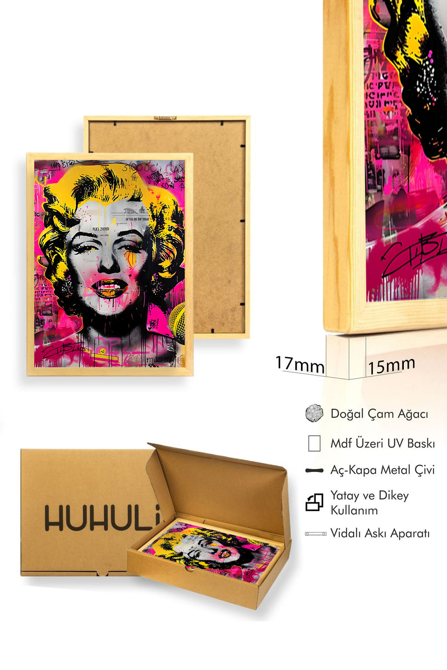 Doğal Ahşap Çerçeveli Sarı-Pembe Grafik Desenli Tablo - Pop Art | huhu1923