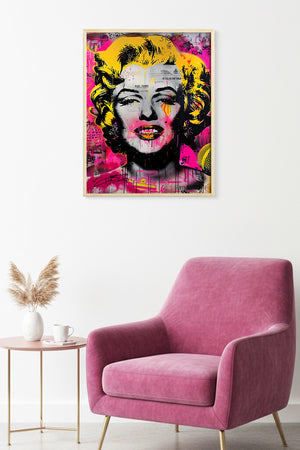 Doğal Ahşap Çerçeveli Sarı-Pembe Grafik Desenli Tablo - Pop Art | huhu1923