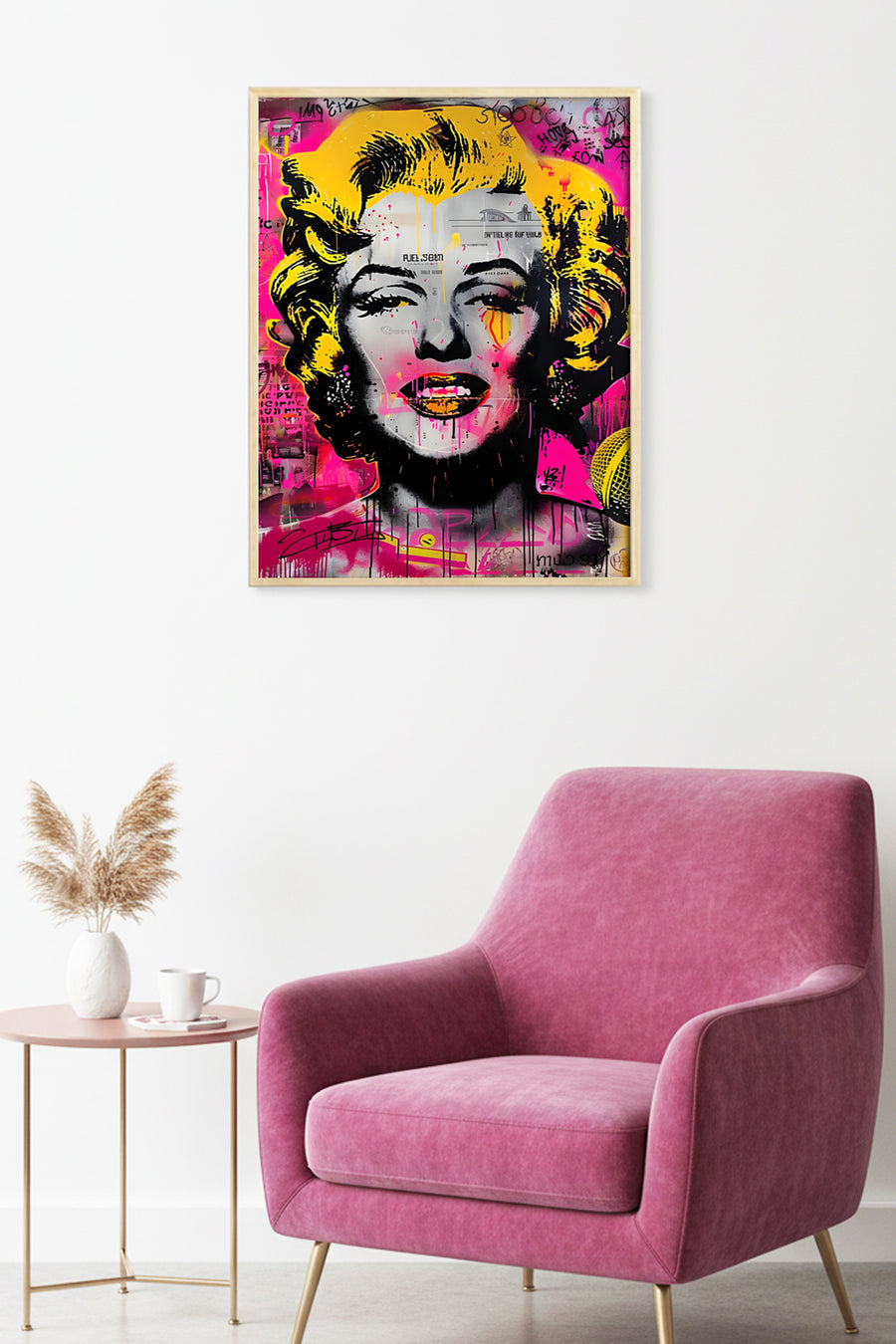 Doğal Ahşap Çerçeveli Sarı-Pembe Grafik Desenli Tablo - Pop Art | huhu1923