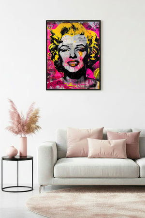 Doğal Ahşap Çerçeveli Sarı-Pembe Grafik Desenli Tablo - Pop Art | huhu1923