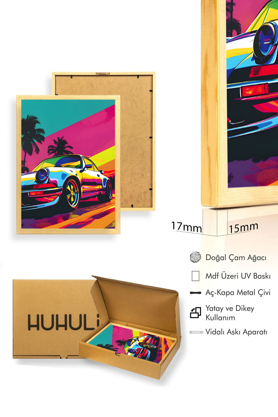 Doğal Ahşap Çerçeveli Canlı Pop Art Desenli Tablo - Retro Tonlar | huhu1925