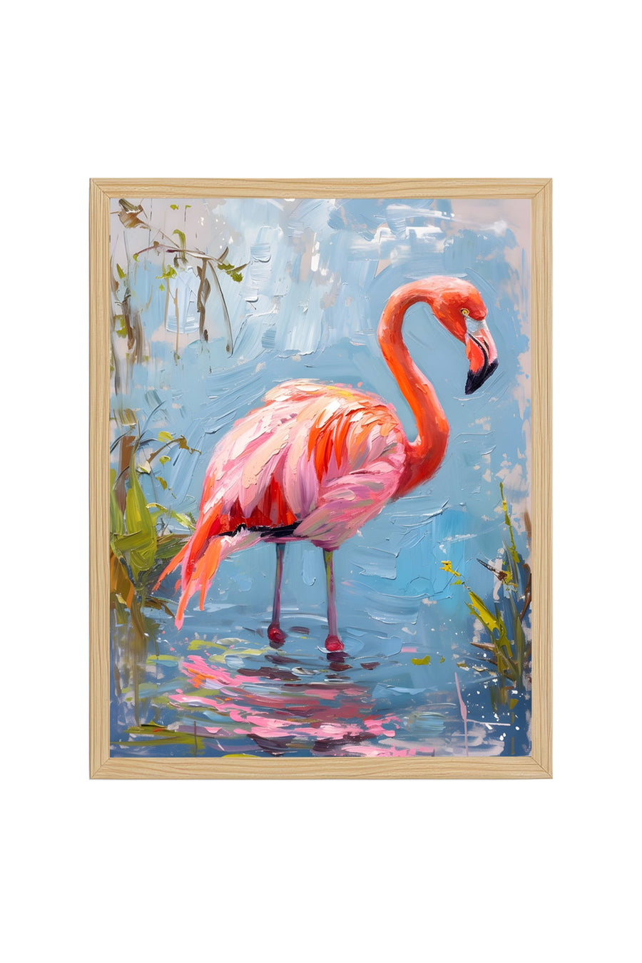 Doğal Ahşap Çerçeveli Flamingo Tablo - Pembe ve Mavi Tonlar | huhu1926