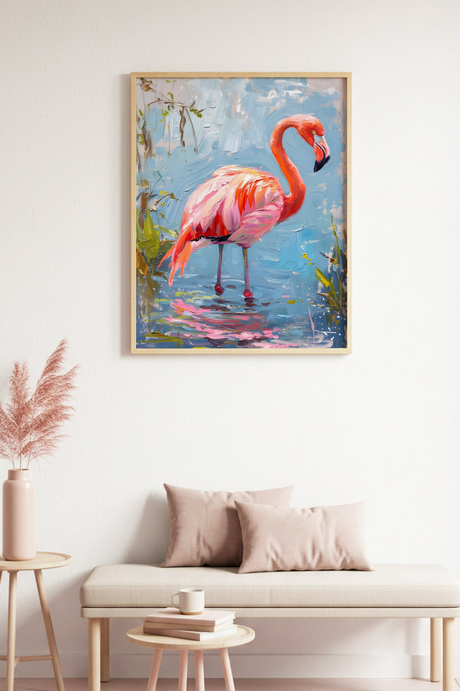 Doğal Ahşap Çerçeveli Flamingo Tablo - Pembe ve Mavi Tonlar | huhu1926