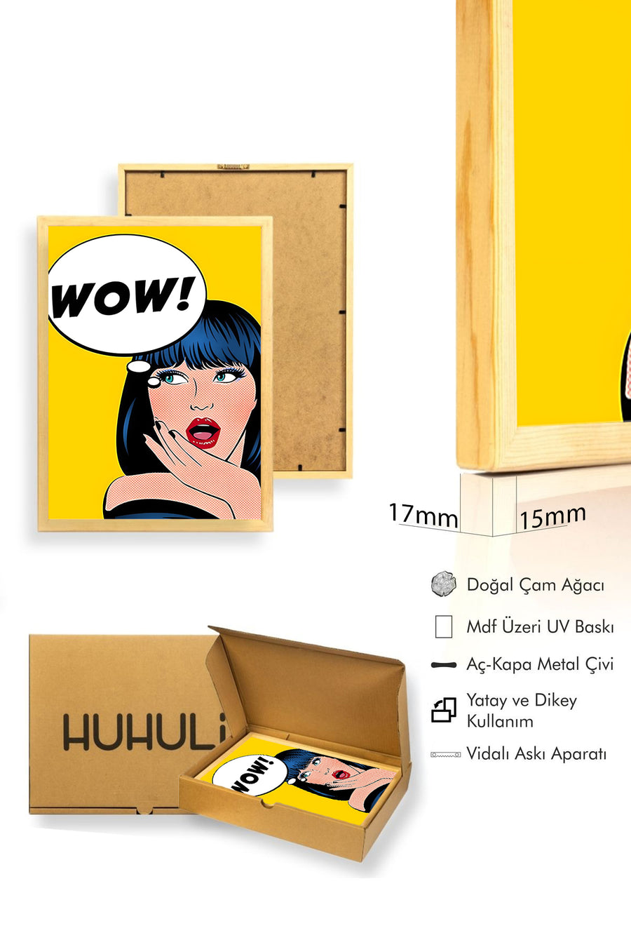 Doğal Ahşap Çerçeveli Pop Art Desenli Tablo - Comic Stil | huhu1929