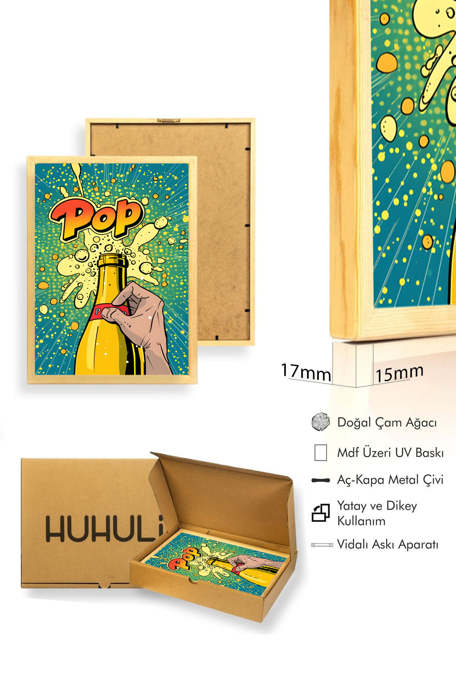 Doğal Ahşap Çerçeveli Pop Art Desenli Tablo - Canlı Tonlar | huhu1931