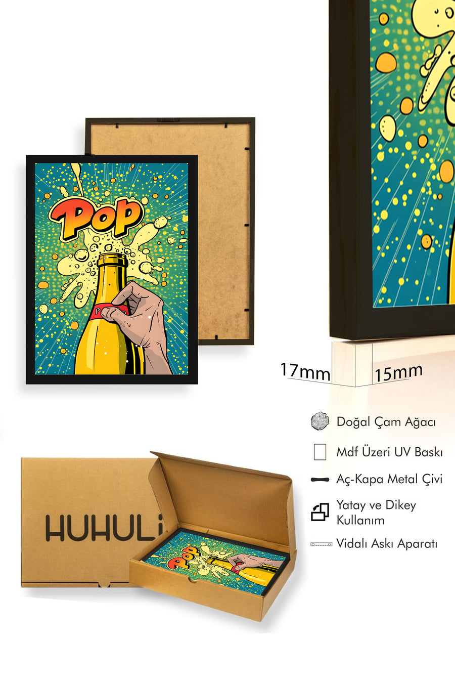 Doğal Ahşap Çerçeveli Pop Art Desenli Tablo - Canlı Tonlar | huhu1931