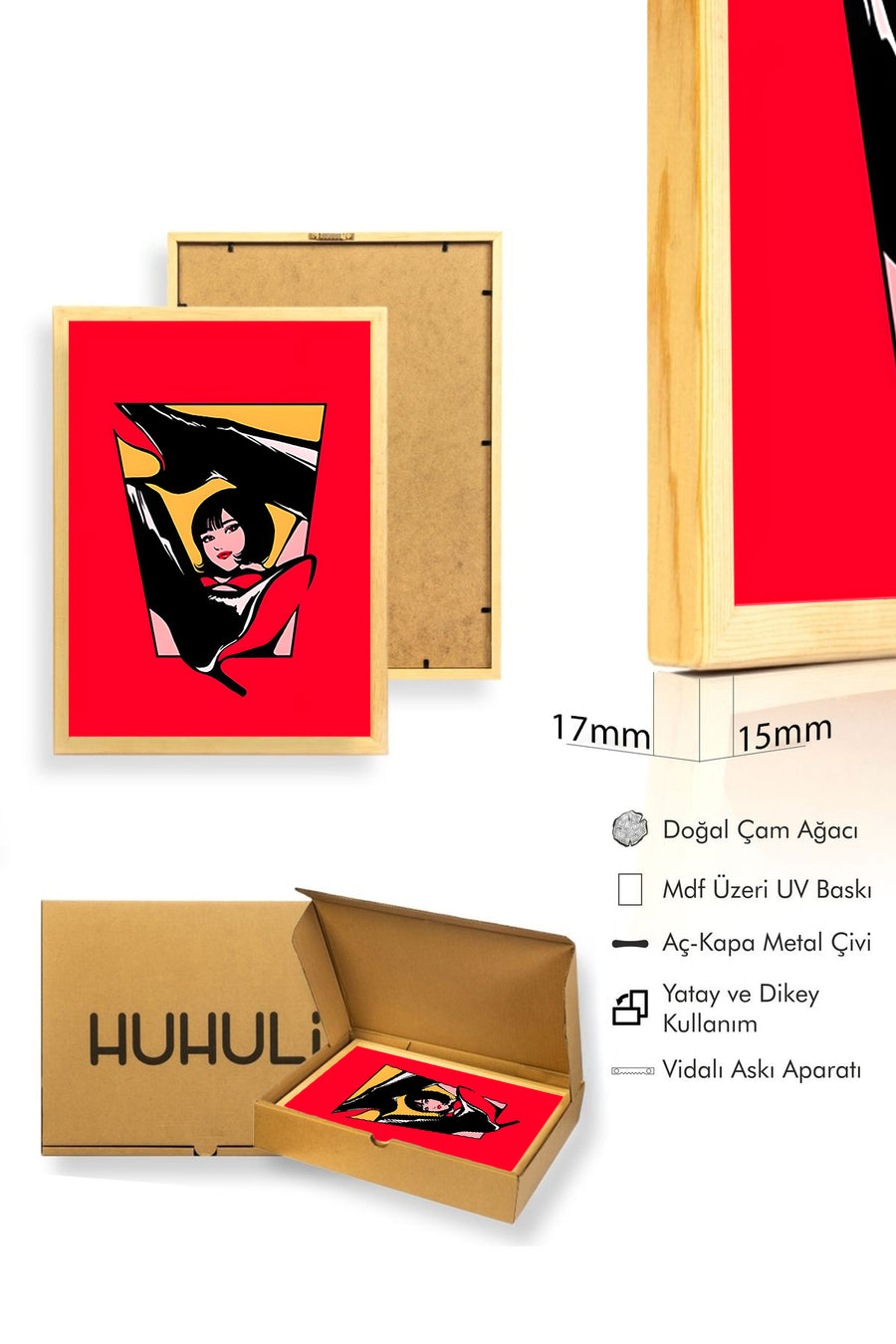 Doğal Ahşap Çerçeveli Grafik Soyut Tablo - Kırmızı Siyah Tonlar | huhu1934