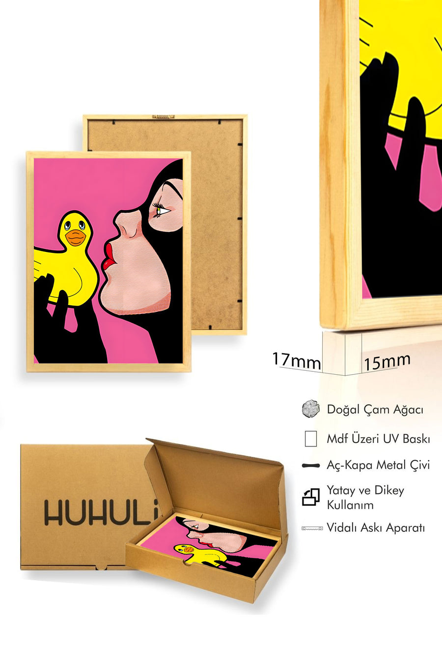 Doğal Ahşap Çerçeveli Karikatür Desenli Tablo - Sarı ve Pembe Tonlar | huhu1935