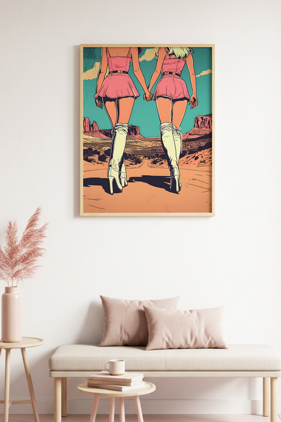 Doğal Ahşap Çerçeveli Pembe Turkuaz İllüstratif Tablo - Retro Desen | huhu1937
