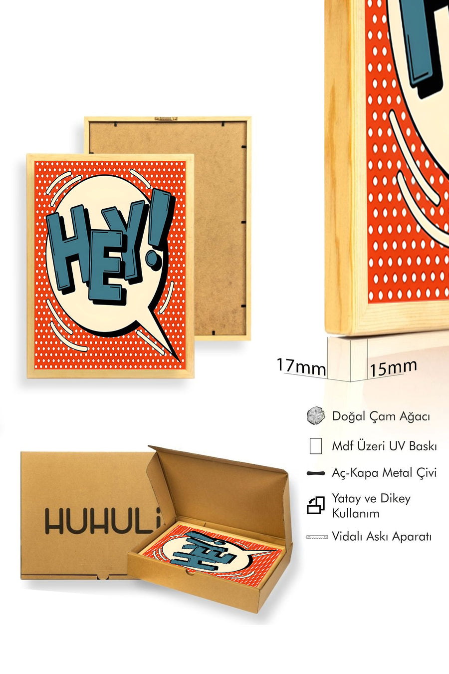 Doğal Ahşap Çerçeveli Pop Art Tipografik Tablo - Turkuaz Yazı | huhu1940