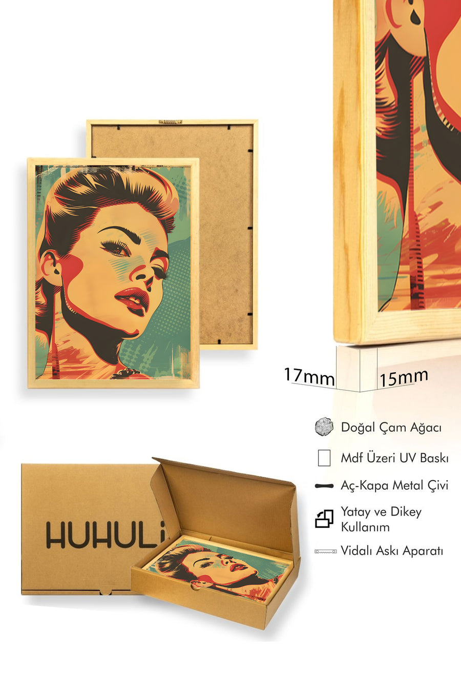 Doğal Ahşap Çerçeveli Pop Art Portre Tablo - Sarı Kırmızı Tonlar | huhu1941