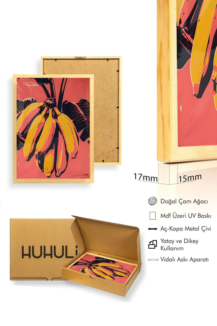 Doğal Ahşap Çerçeveli Tropikal Desenli Tablo - Canlı Tonlar | huhu1947