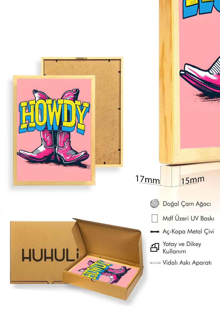 Doğal Ahşap Çerçeveli Pop Art Desenli Tablo - Pembe-Sarı | huhu1952