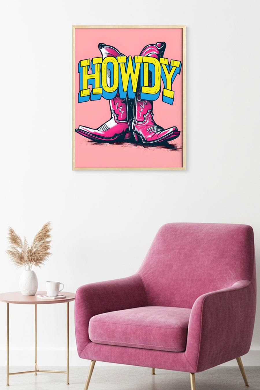 Doğal Ahşap Çerçeveli Pop Art Desenli Tablo - Pembe-Sarı | huhu1952