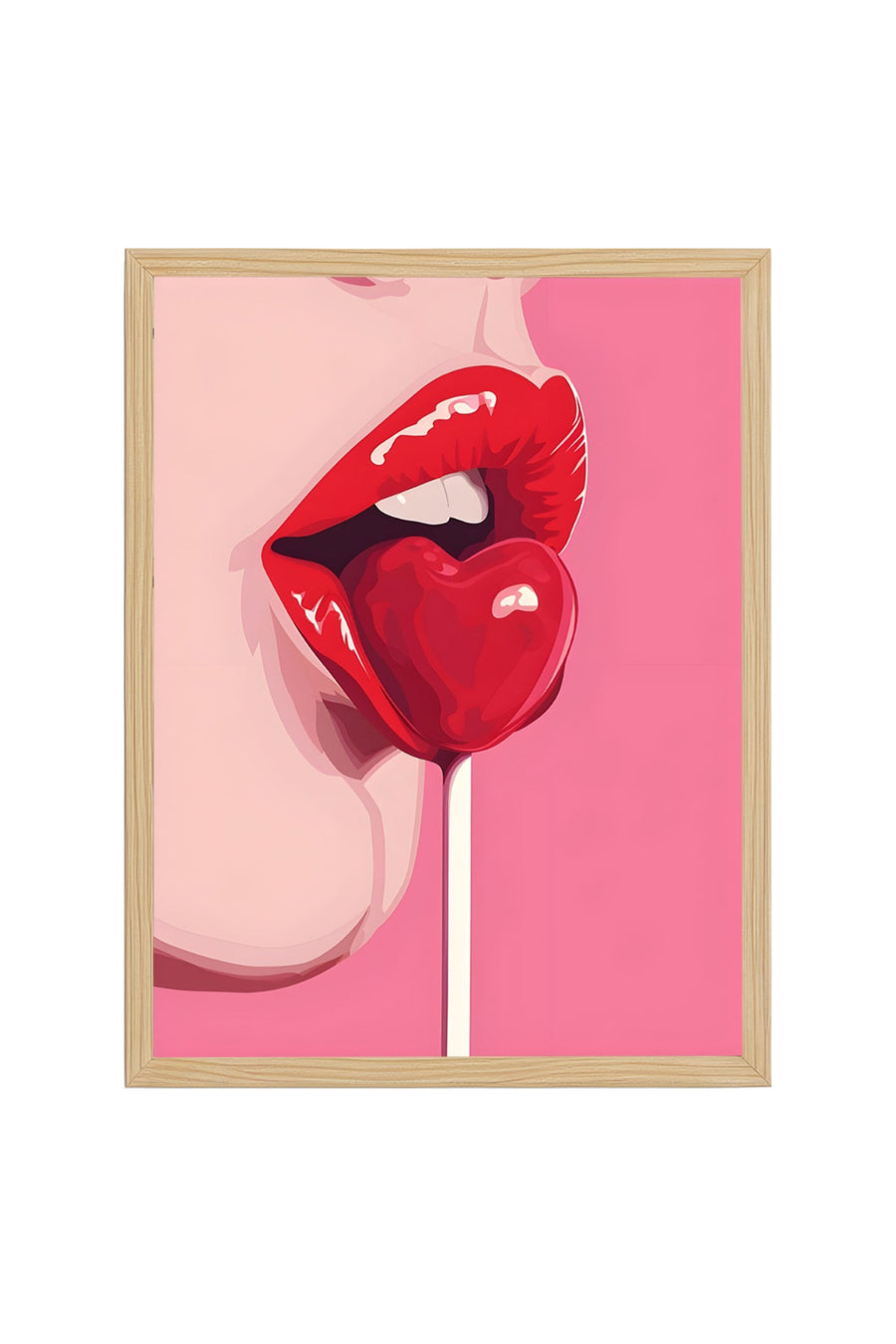 Doğal Ahşap Çerçeveli Kırmızı Dudak Desenli Tablo - Pop Art Tarzı | huhu1955