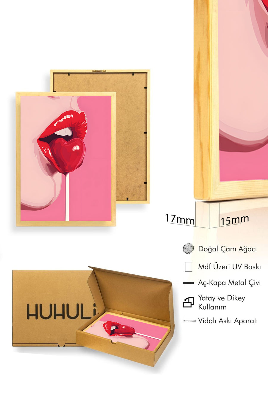 Doğal Ahşap Çerçeveli Kırmızı Dudak Desenli Tablo - Pop Art Tarzı | huhu1955